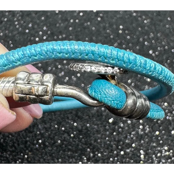 Pandora Turquoise double wrap Leather Silver Clasp Bracelet - Picture 4 of 7